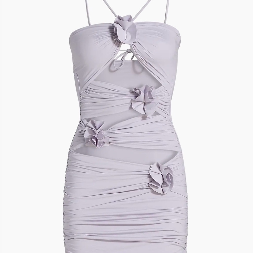 Lavender Ruched Mini Dress with Floral Appliqués
